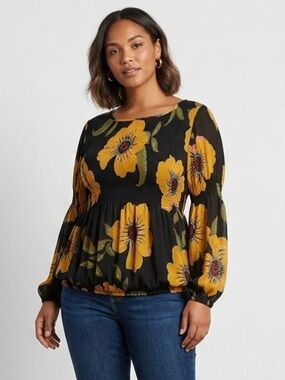 Spense Floral Smocked Blouse Black Yellow Balloon Sleeve Medium
